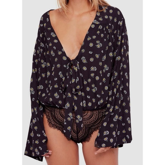 Free People Tops - FREE PEOPLE Black Daisy Forties Feel Bodysuit